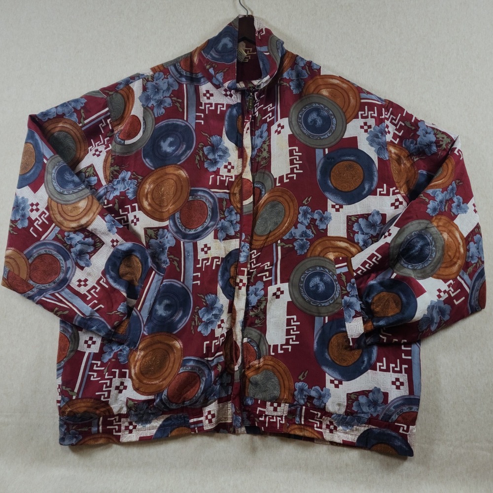 Vintage 100% Silk Jacket Womens XL Maroon Red Greek Key Abstract Bomber Coaco